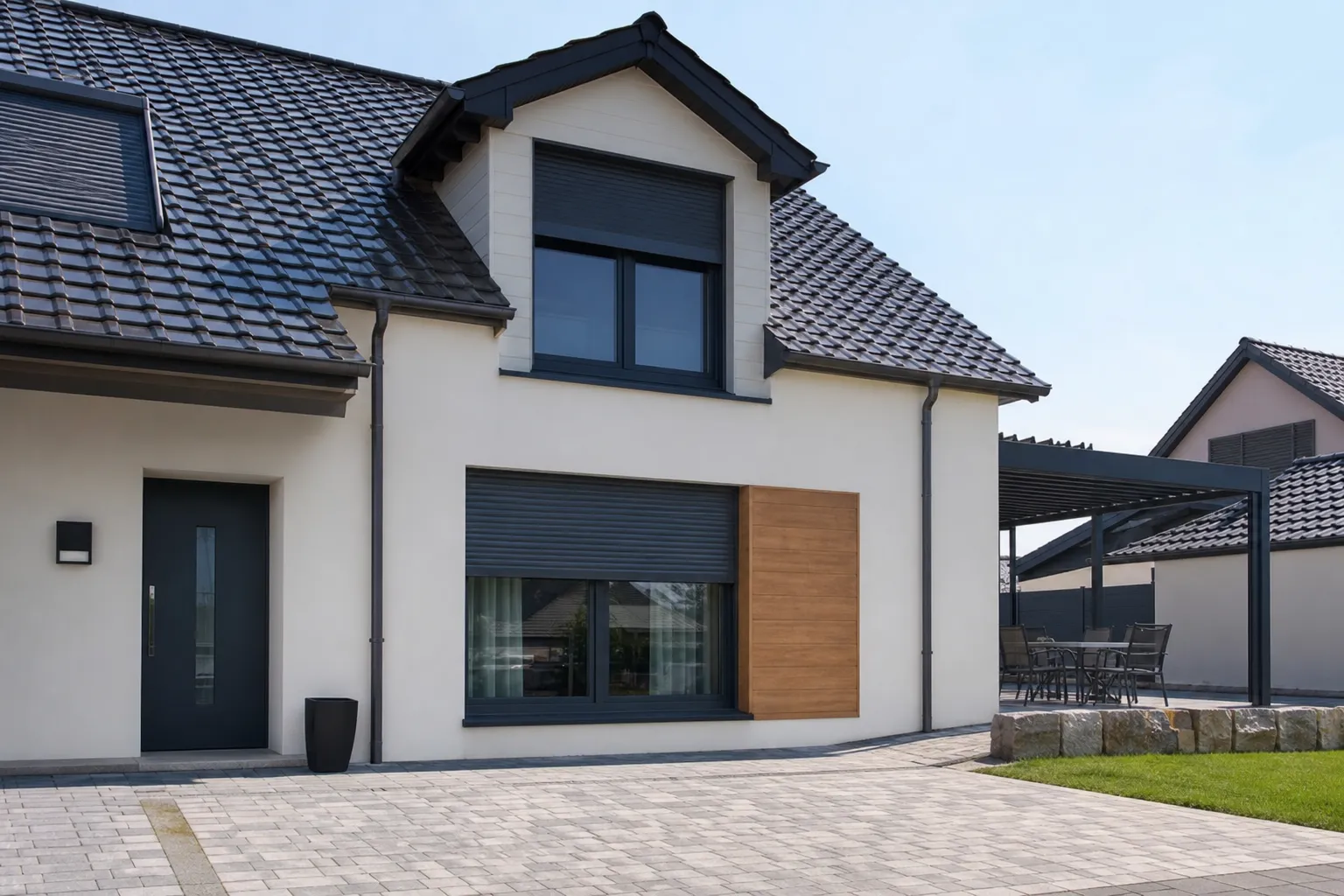 Façade alsacienne avec un volet roulant et une pergola visible sur le côté, vue de fin de matinée