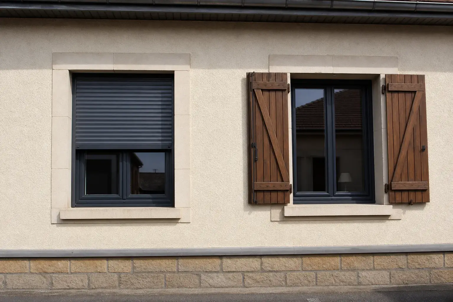 Façade avec une fenêtre équipée d’un volet roulant et une fenêtre équipée d’un volet battant