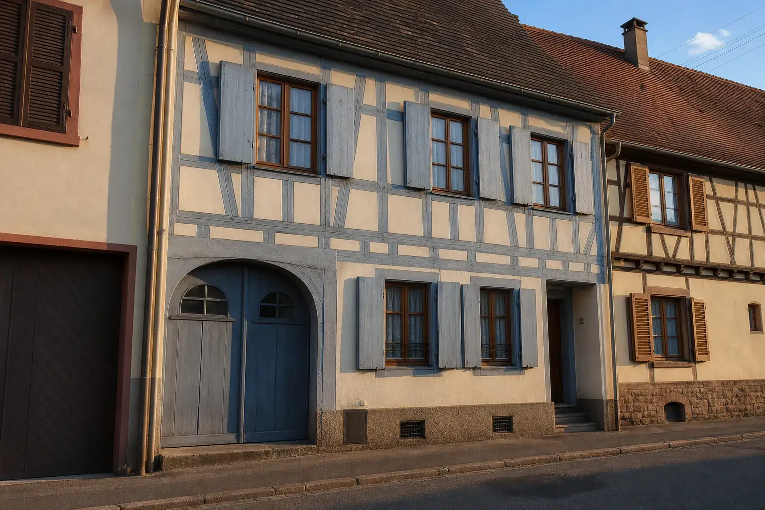 Façade alsacienne à pans de bois (colombage), rue résidentielle, lumière de fin d’après-midi