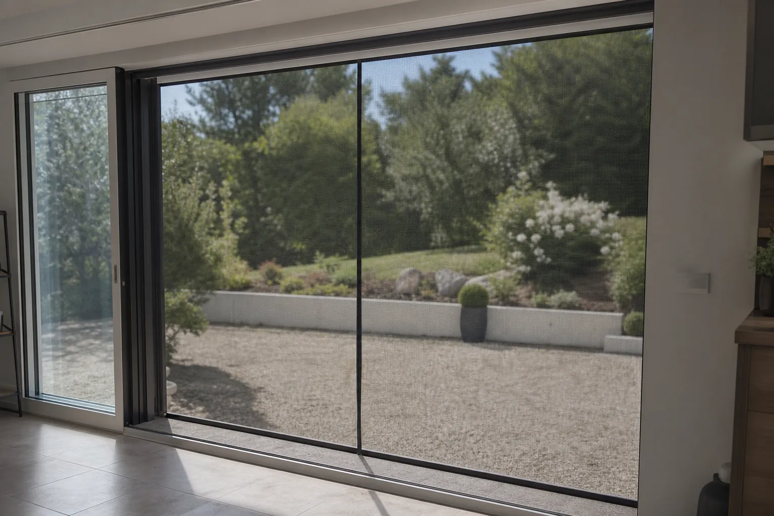 Moustiquaire à cadre aluminium tendue sur une baie vitrée ouverte sur un jardin