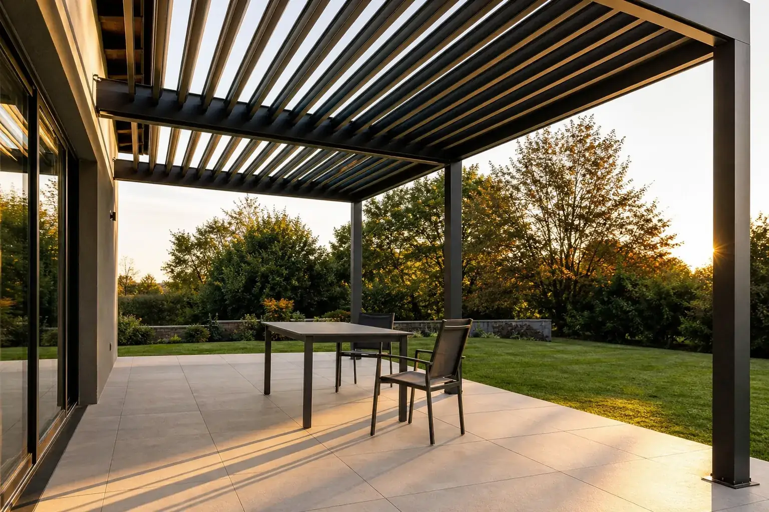 Terrasse sous une pergola bioclimatique aux lames orientables entrouvertes, lumière dorée de fin de journée