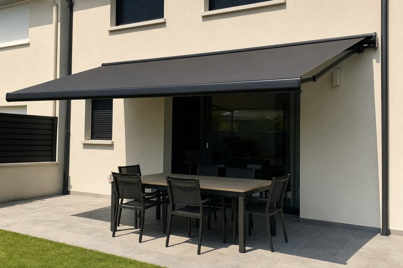 Store banne déployé sur une façade, ombre nette projetée sur une table de terrasse